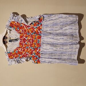 THML White Striped Top with Orange & Turquoise Floral Embroidery